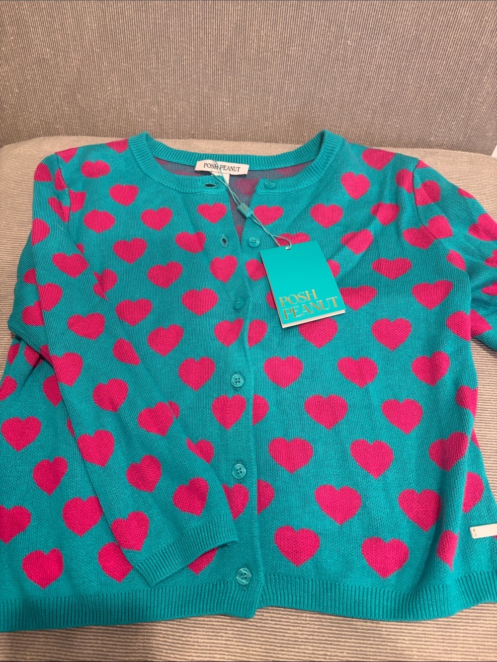 Posh Peanut Teal Cardigan with Hot Pink Heart Pattern